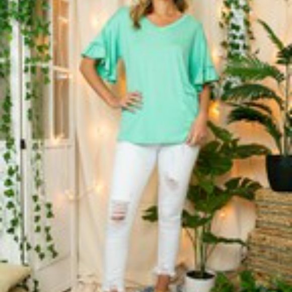 Solid Seafoam Green Flare Sleeve Twist Bottom Top - Picture 2 of 3